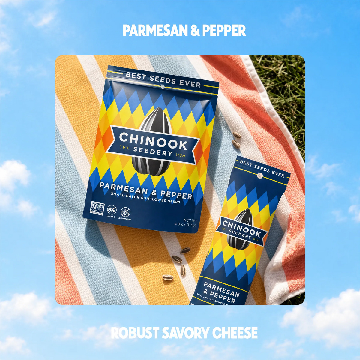Parmesan & Pepper sunflower seeds in 4 oz and 1.5 oz bags on a striped beach towel
