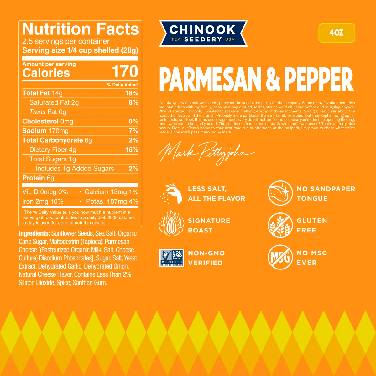 Parmesan & Pepper 4 oz bag nutrition facts panel and ingredient list with a note from founder Mark Pettyjohn