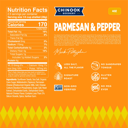 Parmesan & Pepper 4 oz bag nutrition facts panel and ingredient list with a note from founder Mark Pettyjohn