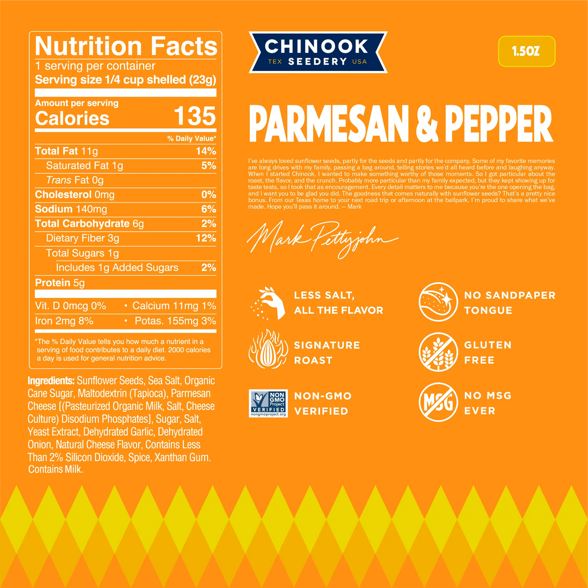 Parmesan & Pepper 1.5 oz bag nutrition facts panel and ingredient list with a note from founder Mark Pettyjohn