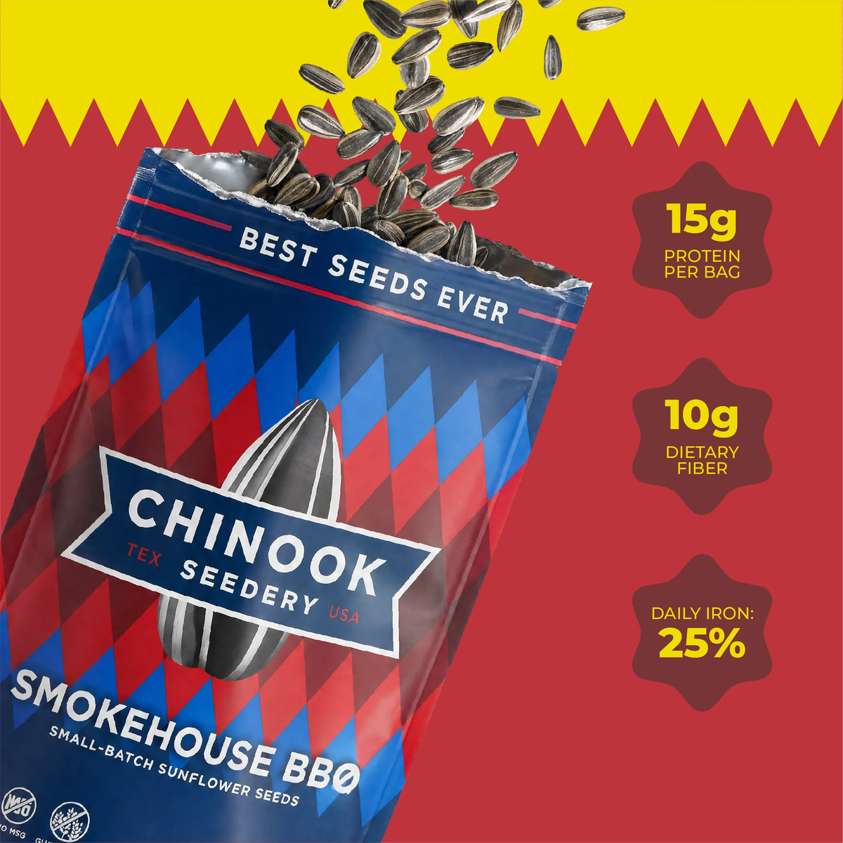 Open 4 oz bag of Smokehouse BBQ sunflower seeds with seeds spilling out