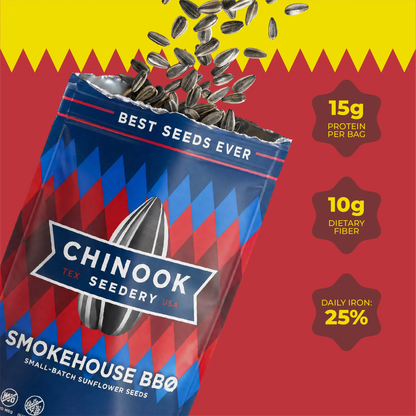 Open 4 oz bag of Smokehouse BBQ sunflower seeds with seeds spilling out