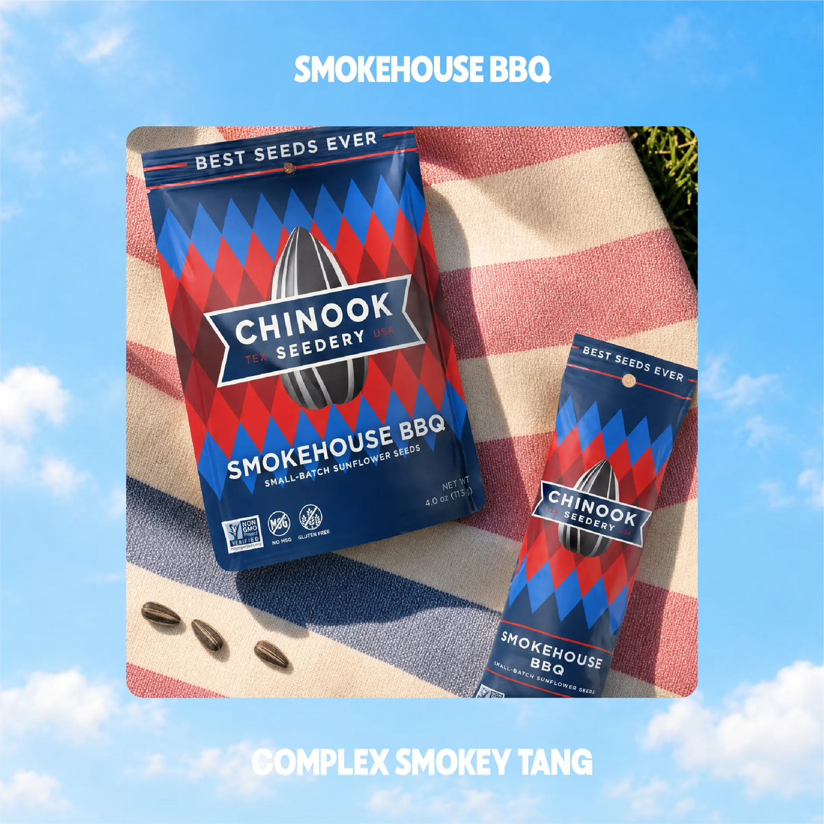 Smokehouse BBQ sunflower seeds in 4 oz and 1.5 oz bags on a striped beach towel