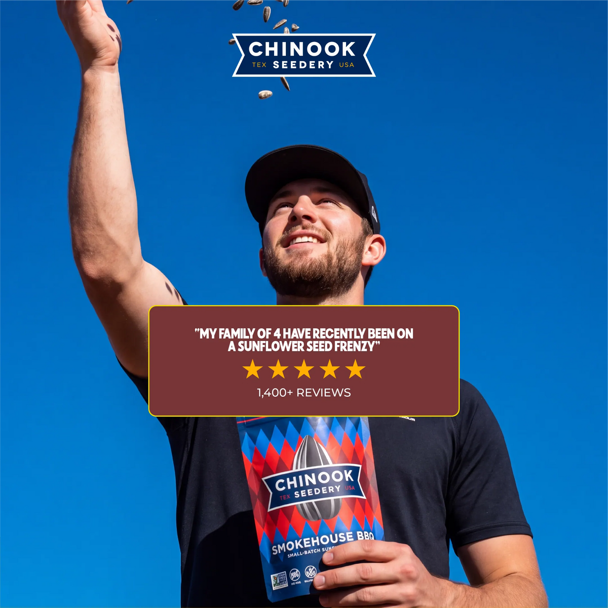 Customer tossing sunflower seeds while holding a 4 oz bag of Smokehouse BBQ sunflower seeds, with a five-star review