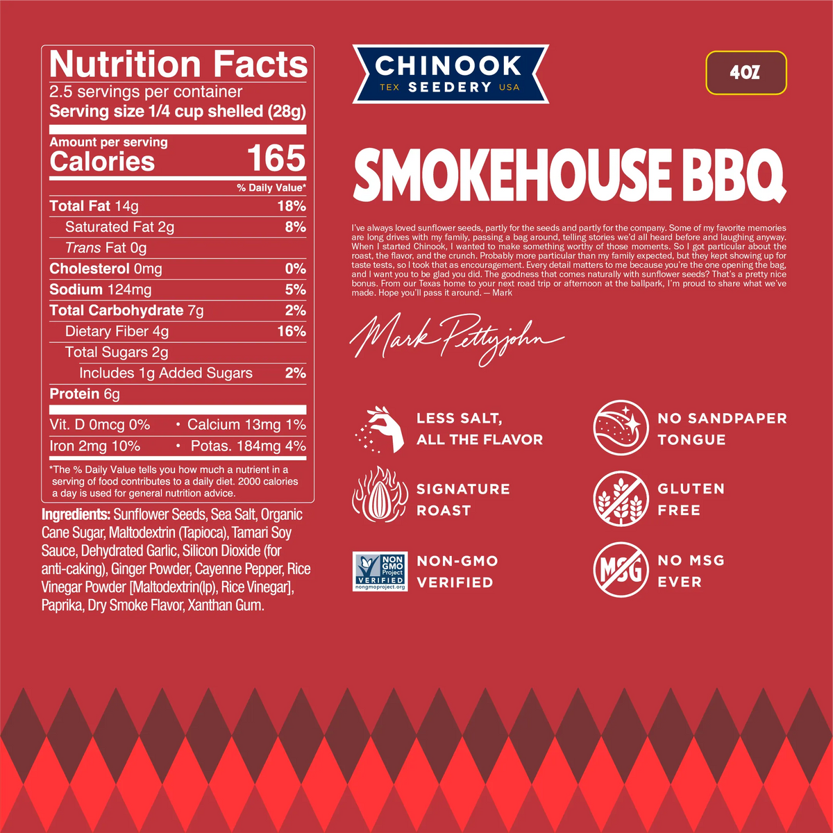 Smokehouse BBQ 4 oz bag nutrition facts panel and ingredient list with a note from founder Mark Pettyjohn