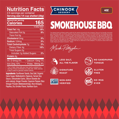 Smokehouse BBQ 4 oz bag nutrition facts panel and ingredient list with a note from founder Mark Pettyjohn