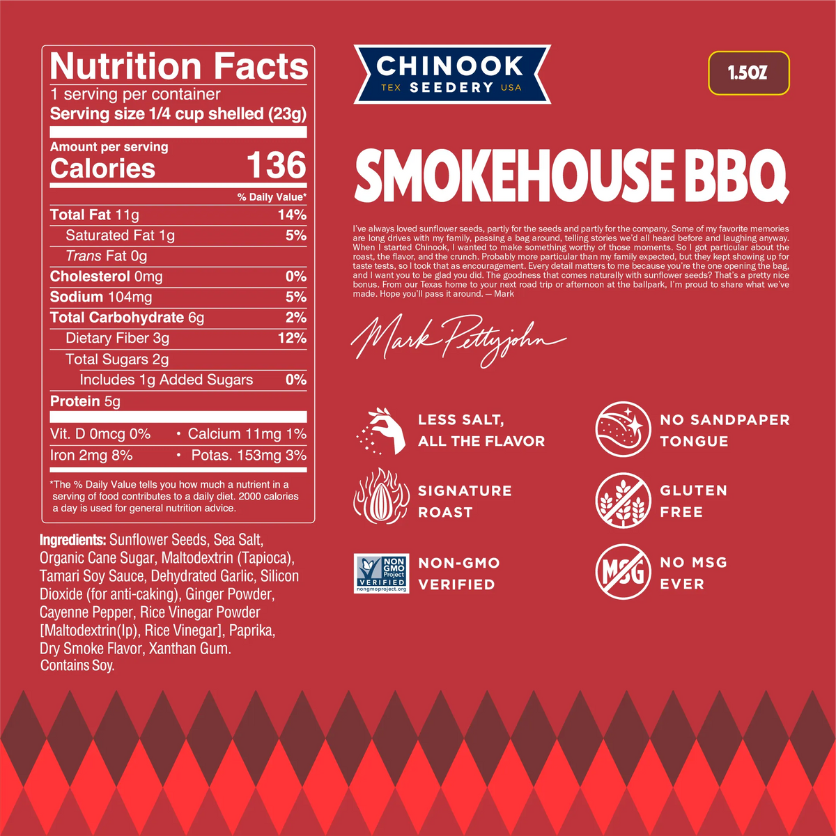 Smokehouse BBQ 1.5 oz bag nutrition facts panel and ingredient list with a note from founder Mark Pettyjohn
