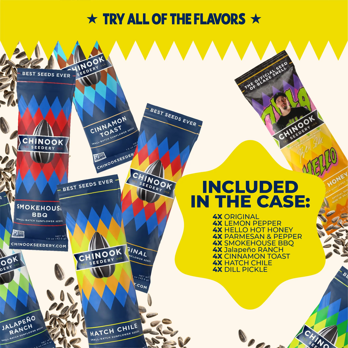Assorted 1.5 oz single serve sunflower seed bags with the list of flavors included in the Variety Pack case