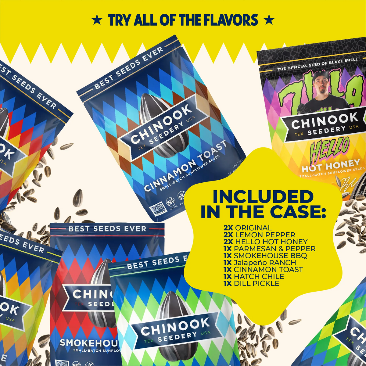 Assorted 4 oz sunflower seed bags with the list of flavors included in the Variety Pack case