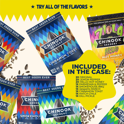 Assorted 4 oz sunflower seed bags with the list of flavors included in the Variety Pack case