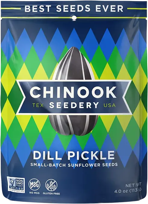 Chinook Seedery dill pickle sunflower seeds packaging with geometric pattern