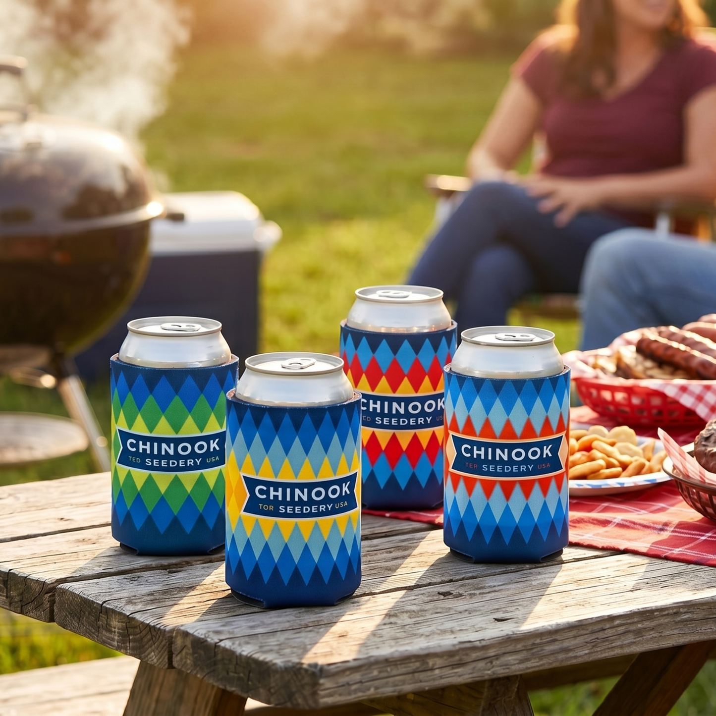 Chinook Seedery beer cans with colorful designs on a picnic table outdoors.